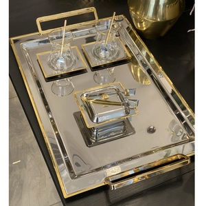 Bandeja de Metal para servir alimentos con forma rectangular, acabado plateado brillante con borde dorado y ASA, uso doméstico en la cocina, bandeja para servir café - Product Image 4