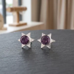 Boucles d'oreilles artisanales en améthyste violette, bijoux en argent sterling 925 plaqué, pour femmes et filles - Product Image 1