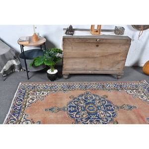 Authentique tapis turc bleu beige 3.9x6.8 pieds laine latex plat tissage technique patchwork pour couloir chambre décor - Product Image 2