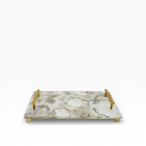 Ensemble de deux plateaux décoratifs rectangulaires avec surface effet marbre bleu et vert et poignées en métal doré - Product Image 5