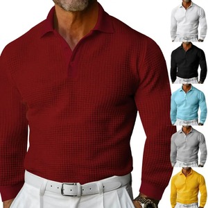 2025 Nueva camiseta Polo informal de negocios para hombre, tela de gofres, botón de solapa, Color sólido, manga larga, ropa sencilla diaria para hombre - Product Image 2