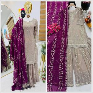 Traje de Palazzo indio paquistaní con bordado pesado de último diseñador con seda de imitación Georgette Dupatta de FabZone para fiestas - Product Image 5