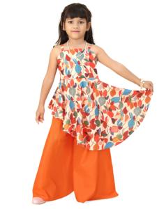 Ensemble Kurti et pantalon palazzo pour enfants Shoryam Fashion, sans manches, imprimé feuilles, entièrement cousu, pour les fêtes |   Filles, style ethnique estival vibrant - Product Image 2