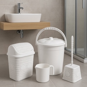 Durable BPA-Free Eco-Friendly Elegant PP <b>Plastic</b> <b>Bathroom</b> Four-Piece Cleaning Set Toilet Brush Waste <b>Bin</b> Bucket Pitcher Portable - Product Image 3