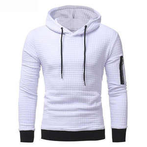Sweat-shirt à capuche pour homme en tricot gaufré blanc, coupe ajustée, manches longues, décontracté, avec bordure noire et poche zippée, fabriqué au Pakistan - Product Image 5