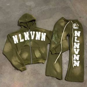 Ensemble de survêtement unisexe en molleton délavé à l'acide, imprimé sur mesure, avec sweat à capuche entièrement zippé brodé et pantalon de jogging, grammage lourd, teint en pièce - Product Image 3
