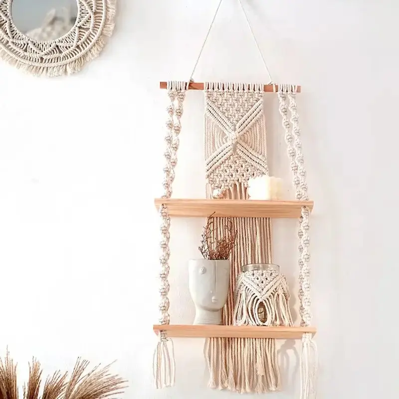 Prateleira de parede de Macrame tricotada à mão em cores personalizadas Prateleiras flutuantes para decoração Boho Compre online ao melhor preço