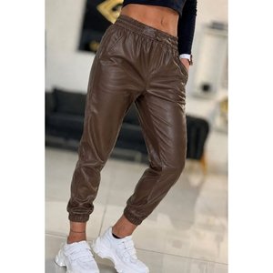 Pantalones de cuero con botones elásticos en la cintura alta para mujer, 34423 - Café - Product Image 1