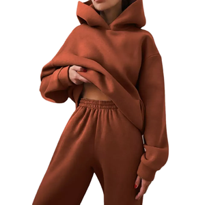Sudadera con capucha gruesa de felpa holgada para mujer, sudadera deportiva informal a la moda con capucha sólida, traje para correr, logotipo personalizado, tejido largo liso - Product Image 3