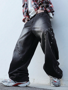 American Fashion Brand High Street Jeans para hombre Tubo recto de alta calidad Suelto Lavado Diseño resistente Cadena de uñas de talla grande - Product Image 4