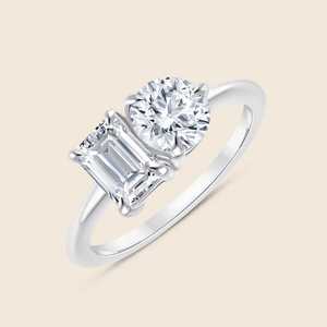 Bague Toi et Moi en émeraude et diamants ronds de laboratoire de 1,00 carat, qualité F-VS, en or massif 14 carats, produit en gros - Product Image 1