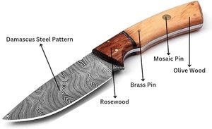 Couteau de chasse artisanal en acier Damas, lame fixe, manche en bois pleine longueur, couteau de camping extérieur, étui en cuir, vente en gros OEM - Product Image 2