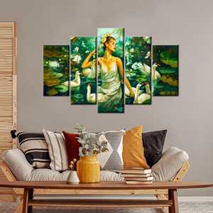 Impression sur toile d'art élégante avec des cygnes, Femme sereine nageant avec des cygnes, Mix 5P : Gallery Wrap - Product Image 1
