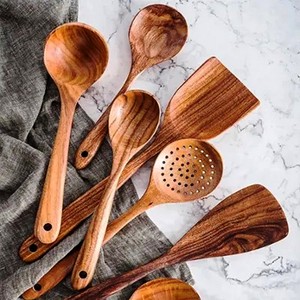 Ensemble de cuillères en bois d'acacia naturel antiadhésives, serveur à salade, bois naturel avec 2 spatules, ustensiles durables faits à la main - Product Image 1