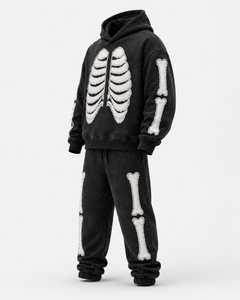 Conjunto de Sudadera con Capucha y Pantalón de Chándal de Forro Polar con Apliques de Esqueleto Desgastado y Bordado Premium, Estilo Oversize - Product Image 5