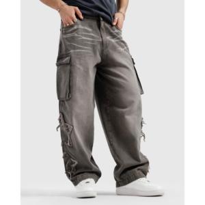 Jean cargo Star vintage style hip-hop en denim délavé avec patchwork tricoté, brodé et délavé foncé pour l'hiver - Product Image 4