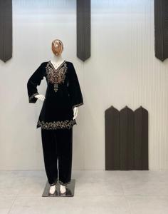 Indian Pakistani Kurti Set with Velvet Fabric Stylish Black Kurti <b>Party</b> Wedding Festive Casual Wear Set Elegant Embroidery - Product Image 3