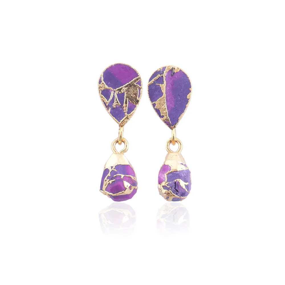 Fashion jewelry mohave purple copper turquoise drop stud earring brass gold electroplated edged double stone statement earrings