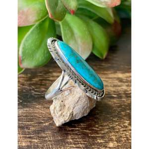 Navajo Handmade Kingman <b>Turquoise</b> Sterling Silver Statement <b>Ring</b> Size 7.75 - Product Image 3