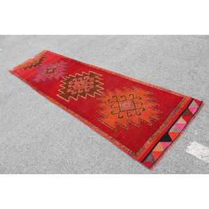 Turkish <b>Runner</b> Rug 3.2x11.3 ft, <b>Red</b> Orange Patchwork Rug Wool - Product Image 4