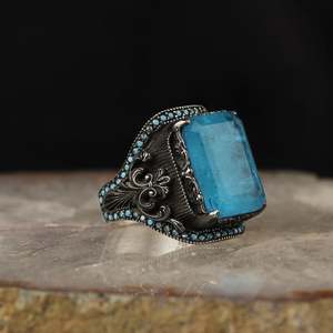 Azuris – bague ottomane en argent sterling 925 avec logo personnalisé pour hommes, pierre noire naturelle, fabriquée à la main en turquie, VALKH1505 - Product Image 2