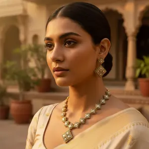 Ensemble collier et boucles d'oreilles carrées en or fin plaqué diamant pour femmes - Product Image 1