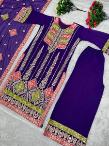 Vestido de mujer rayón bordado pesado trabajo recto Kurta Palazzo con borde de encaje Dupatta para ropa festiva de exportador indio - Product Image 3