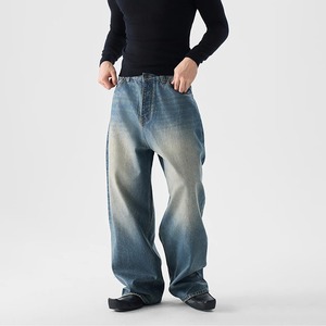 Jeans en denim pour homme, taille haute, coupe large et droite, délavé, style vintage classique bleu, style hip-hop streetwear, sur mesure, grandes tailles - Product Image 6