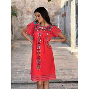 Vestido Casual de Verano para Mujer, Rojo, Bordado, de Algodón, Estilo Shift, Manga Corta, Bordado Floral Étnico - Product Image 1