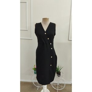Vestido midi de lino sin mangas con cuello cruzado y botones para mujer, 37419 - Negro - Product Image 4