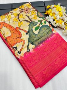 Zari Gold Weaving Kanchi Pattu Saree con rico yo y contraste KALMKARI Mottif tejido Se empareja con una blusa contrastante - Product Image 6