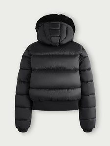 Blouson matelassé pour femme, à capuche, manches longues, fermeture éclair, vêtement d'extérieur d'hiver léger, noir, avec garniture en fausse fourrure, court - Product Image 2