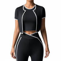 Ensemble de yoga 5 pièces personnalisé OEM pour femme : haut court épaules dénudées, veste sans manches, leggings évasés taille haute sans couture