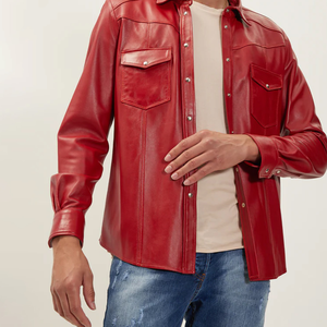 Camisas de bicicleta de motor con botón de cuerno y cuello vuelto informales transpirables con doble bolsillo de cuero genuino para hombre - Product Image 2