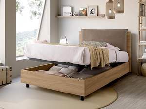 Letto Contenitore Piazza e Mezza, Hecho en Italia, Cabecero con Cojín Acolchado y Rejilla de Madera con Efecto Roble EVERGREENWEB - Product Image 2