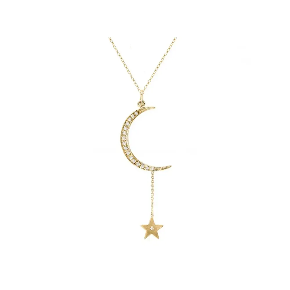 Collar con colgante de Luna y Estrella de oro macizo de 18k, diseño elegante, disponible a precio asequible
