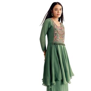 Chinon vert Zardosi Palazzo costume en gros femmes vêtements ethniques OEM usine de vêtements fournisseur en vrac fabricant de mode personnalisé - Product Image 4