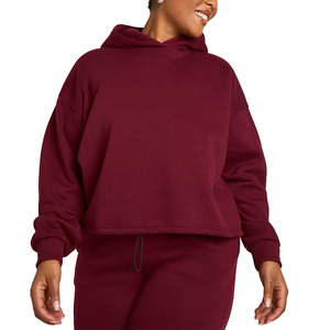Haut court à capuche en molleton bouclette lourd bordeaux uni, style streetwear personnalisé, avec logo frontal, pour femme, idéal pour l'hiver - Product Image 1