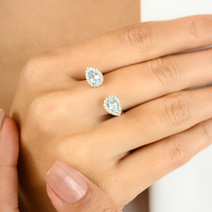 Vente en gros Ensemble Halo de créateur Bague ouverte unique en topaze bleue et diamant pour mariage Bijoux fins en or blanc massif 14 carats - Product Image 2