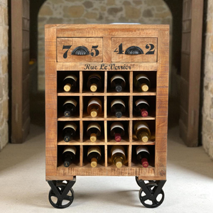 Meuble de rangement à vin vintage industriel en bois de manguier Akku Art Ace avec roulettes en fer, finition naturelle, 55x45x85cm, meubles de cuisine - Product Image 1
