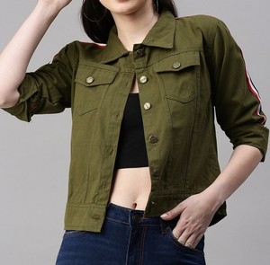 Veste femme vert olive Veste en coton style street tendance Veste d'extérieur ajustée avec rayures latérales élégantes à manches longues - Product Image 1