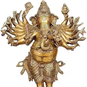 Lớn Ganesha Ganesh Murti Tượng Thần Tượng Với 16 Tay Mudra Trong Brass Tượng Chiều Cao 23 Inches