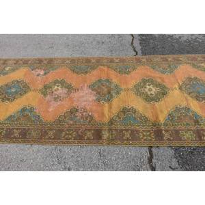Alfombra turca Vintage de 4,4x11 pies, Amarillo, Azul, retales de lana, algas marinas, área grande, rectángulo, pasillo, habitación, Alfombra de látex abstracto - Product Image 4