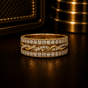 Anillos de Boda Elegantes de Oro Puro de 14K con Diamantes Cultivados en Laboratorio de Corte Redondo y Banda Ancha de Varias Filas para Mujer - Product Image 1