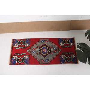 1.3x3 ft Small Vintage Rug, Turkish Rug, <b>Red</b> Blue Solid <b>Wool</b> Rug - Product Image 3