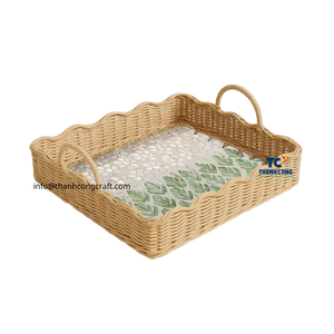 Plateau en rotin carré fait à la main du Vietnam avec incrustation élégante de coquille de capiz de nacre pour la décoration de la maison et l'utilisation de cadeaux du Ramadan - Product Image 1