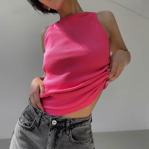Camiseta sin mangas corta de verano básica personalizada para mujer, camiseta sin mangas de punto acanalado para entrenamiento, chaleco deportivo informal - Product Image 3