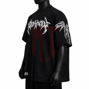 Men's Black <b>Gothic</b> Style <b>T</b>-<b>Shirt</b> Solid Pattern Screen Printed O-Neck Short Sleeve Loose Fit Washed Breathable Cotton Jersey Tee - Product Image 2