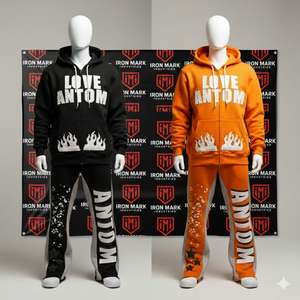 Ensemble survêtement et sweat à capuche en molleton français de haute qualité avec logo personnalisé, broderie, fermeture à cordon, streetwear uni pour hommes - Product Image 1