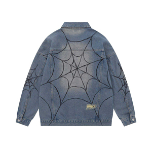Chaqueta de mezclilla Vintage para hombre, grafiti de araña, solapa con múltiples bolsillos, cuello levantado, nuevo diseño rasgado multicolor oscuro, ajuste holgado, Primavera - Product Image 2